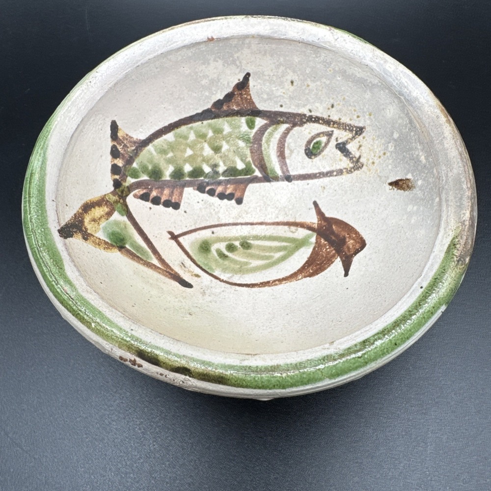 Studio Art Pottery Bowl Vessel Handpainted Fish Design Green White Coastal Mini